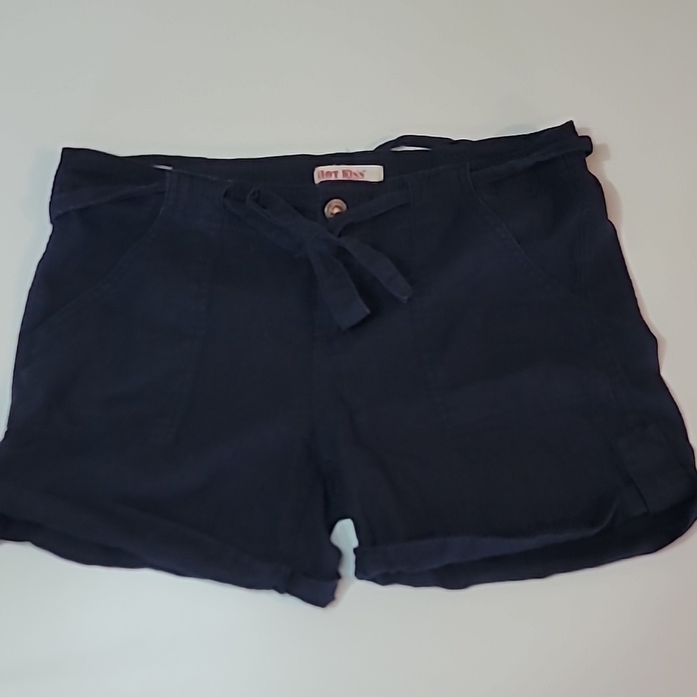 FREE with Purchase HOT KISS Linen Bamboo Blend Shorts with Belt Fold Navy